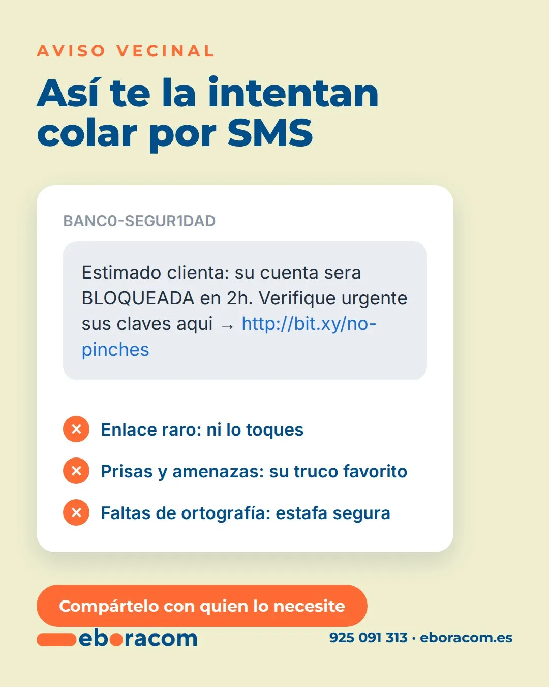 Ejemplo de SMS falso del banco con enlace fraudulento y aviso de bloqueo