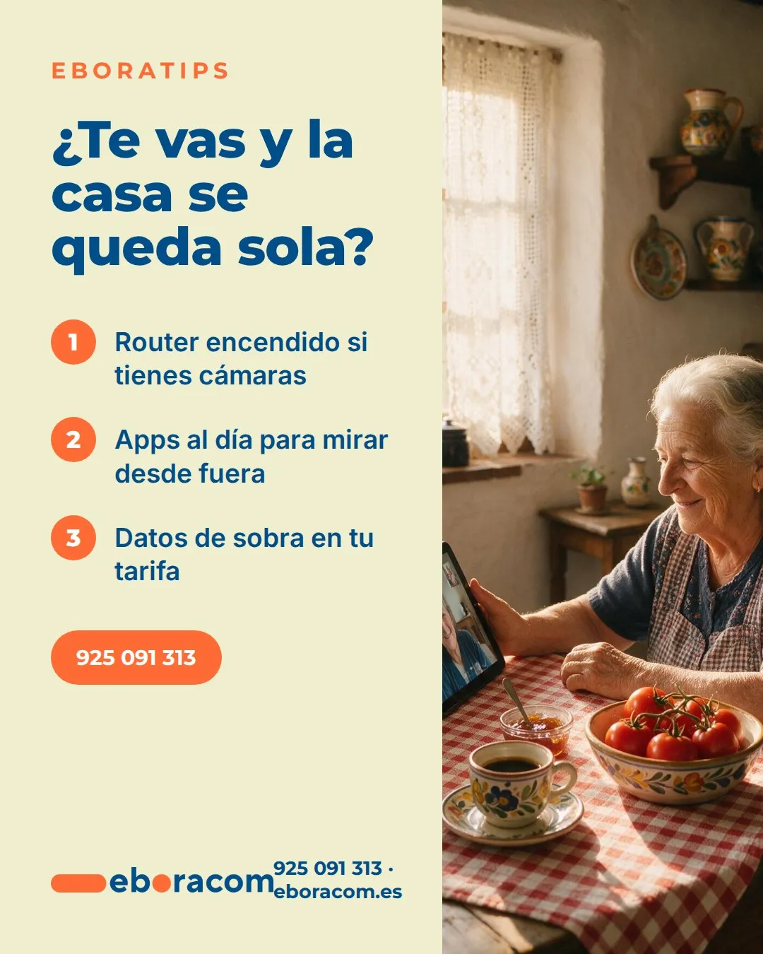 Mujer mayor viendo videovigilancia en vacaciones desde una tablet en su cocina de Talavera