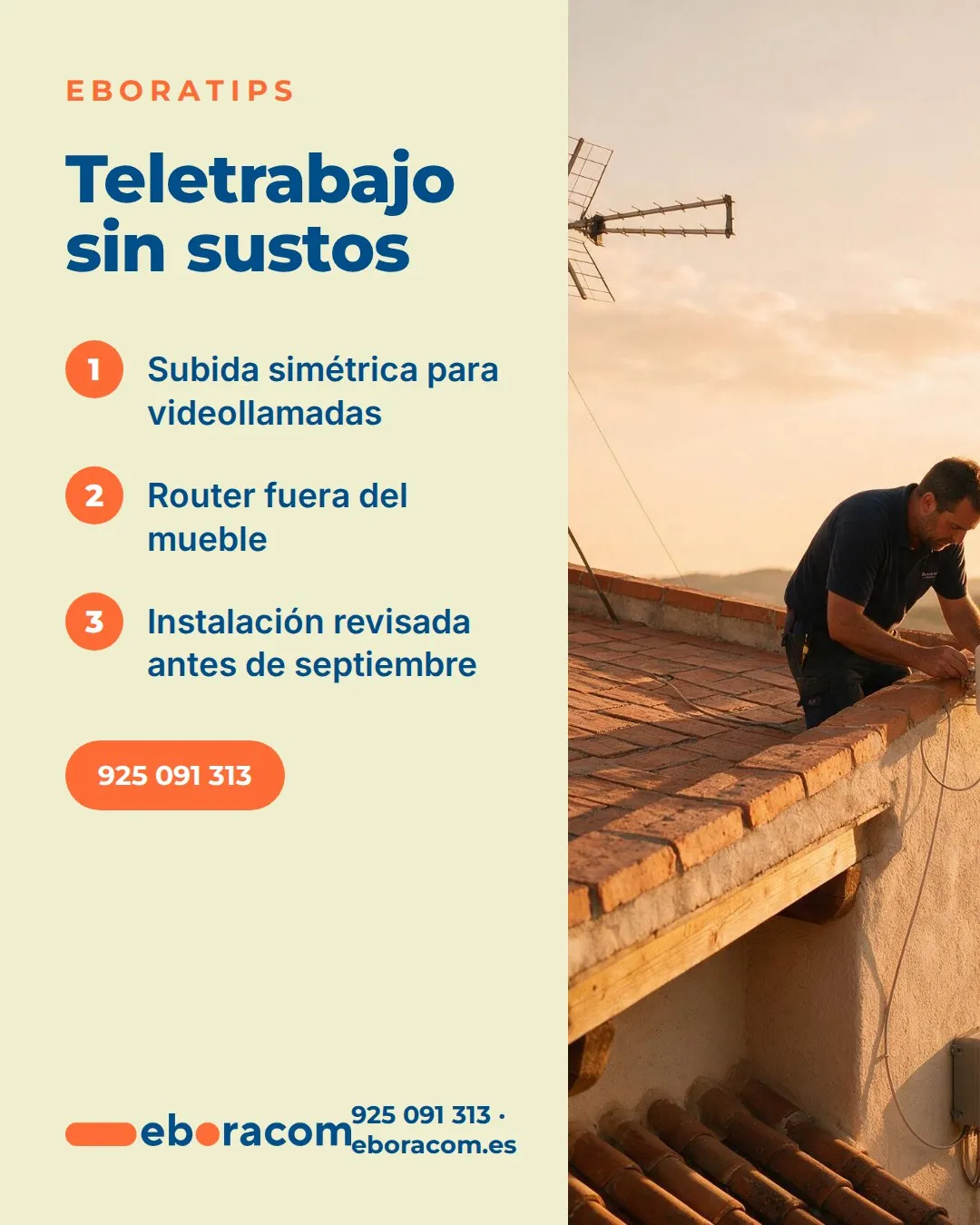 Técnico revisa una instalación de internet para teletrabajar en Talavera junto a una antena rural