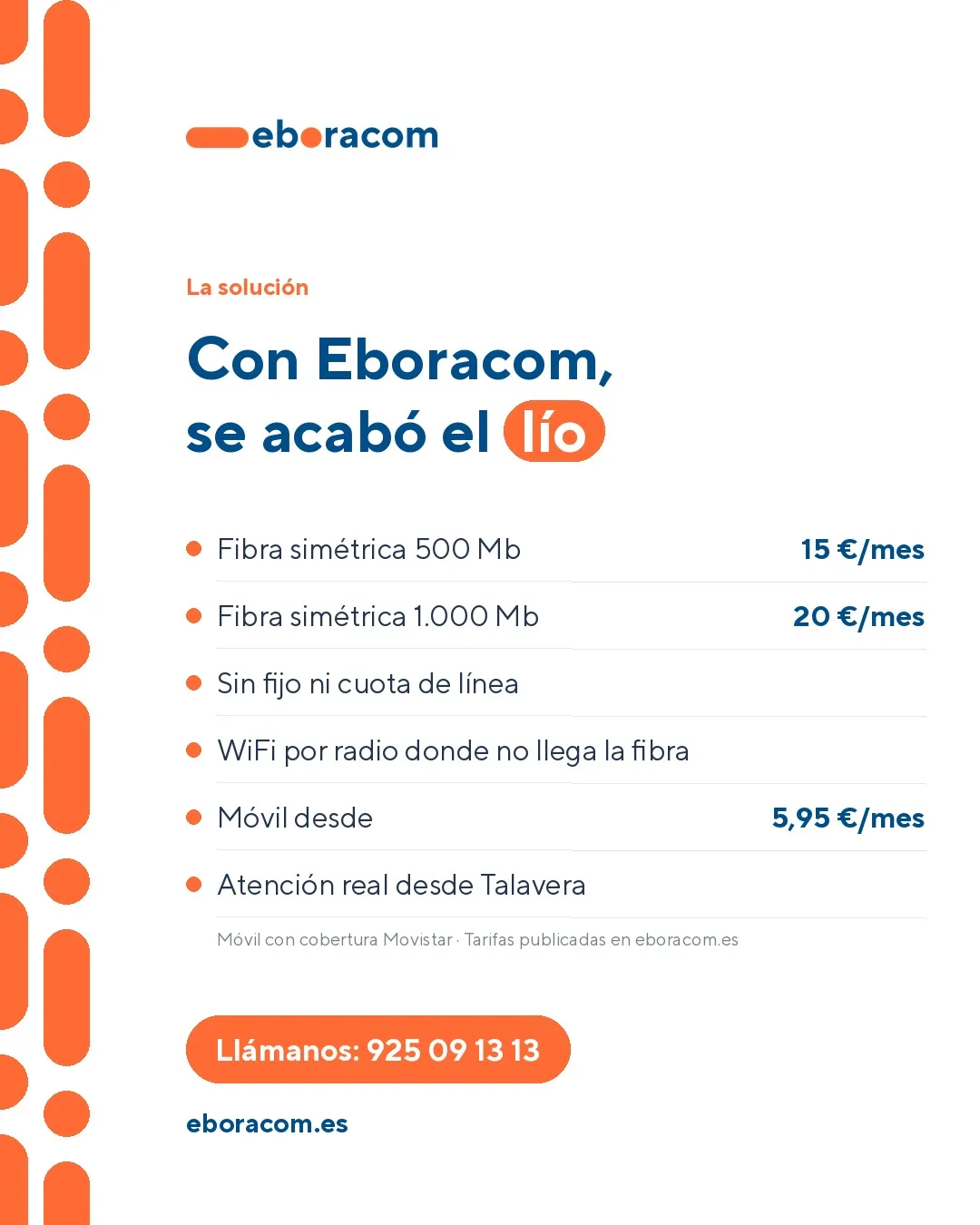 Tarifas de Eboracom: fibra simétrica de 500 Mb y 1.000 Mb, sin fijo ni cuota de línea